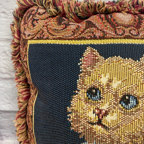 Cat and toy mouse small tapestry pillow with fringe - Picture 5 of 5